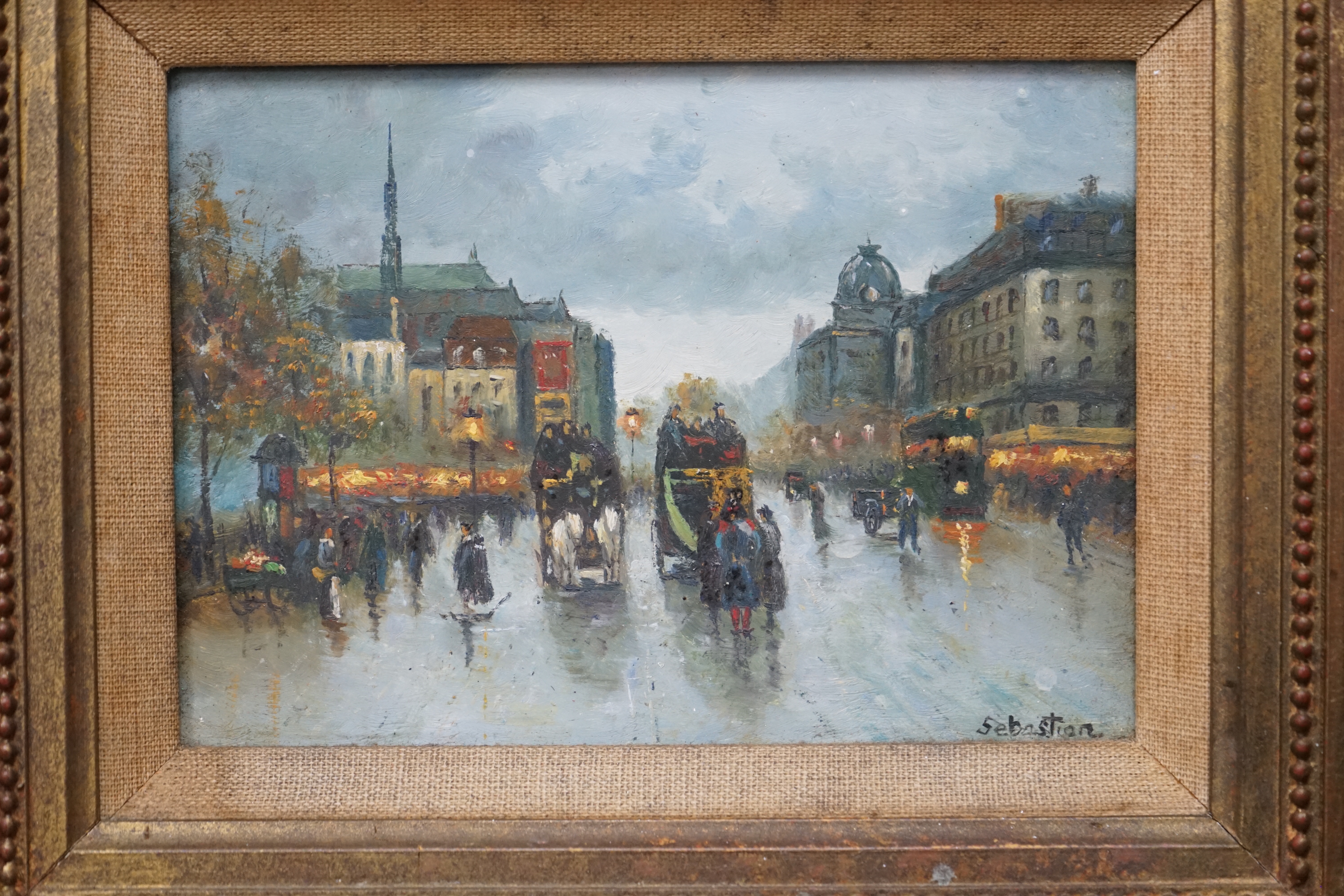 Sebastian (French b.1931), oil on board, Parisian Street Scene, gilt frame, 12 x 17cm